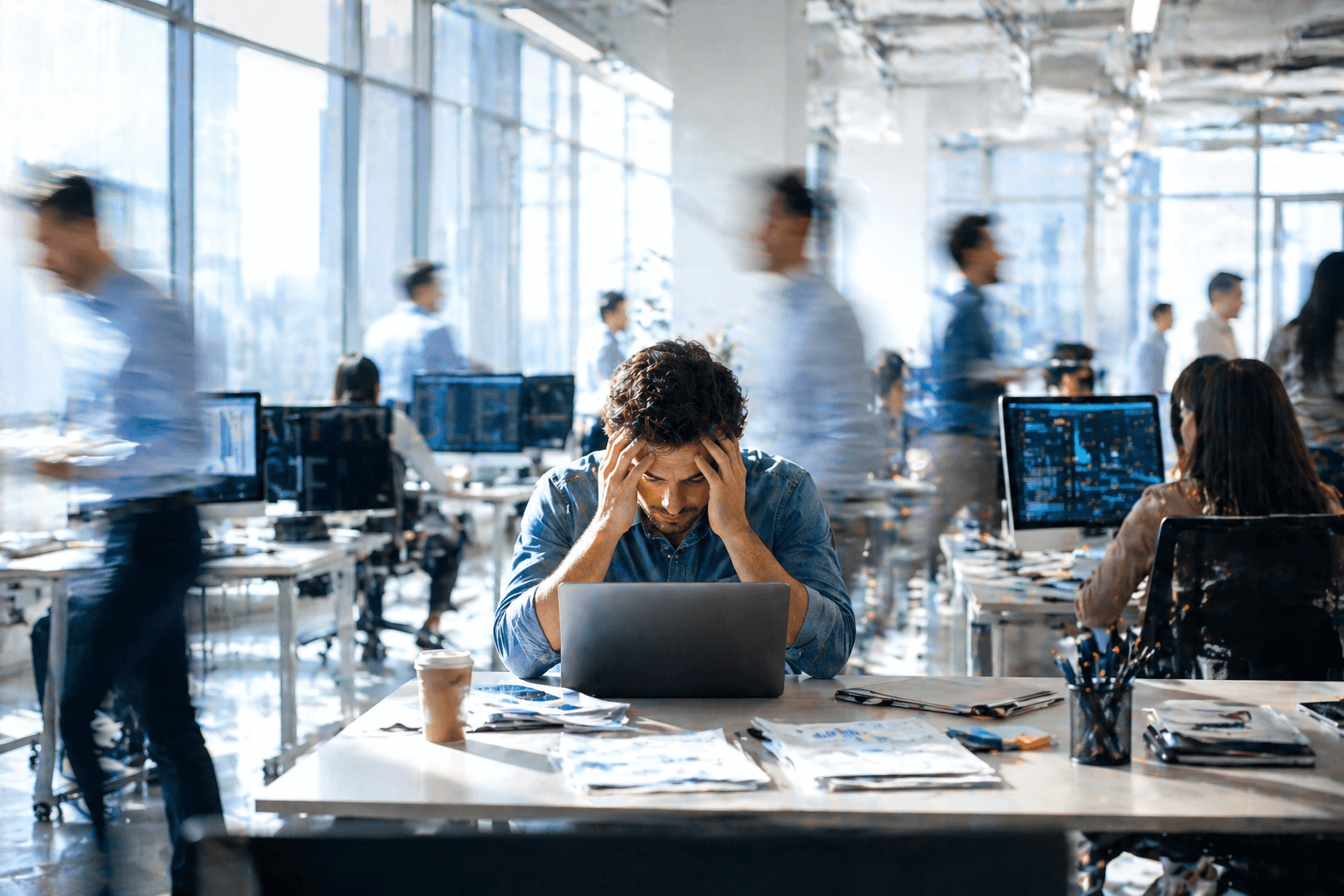 Overwhelmed professional sitting still in a fast-paced modern office while colleagues move rapidly around, representing workplace stress and burnout