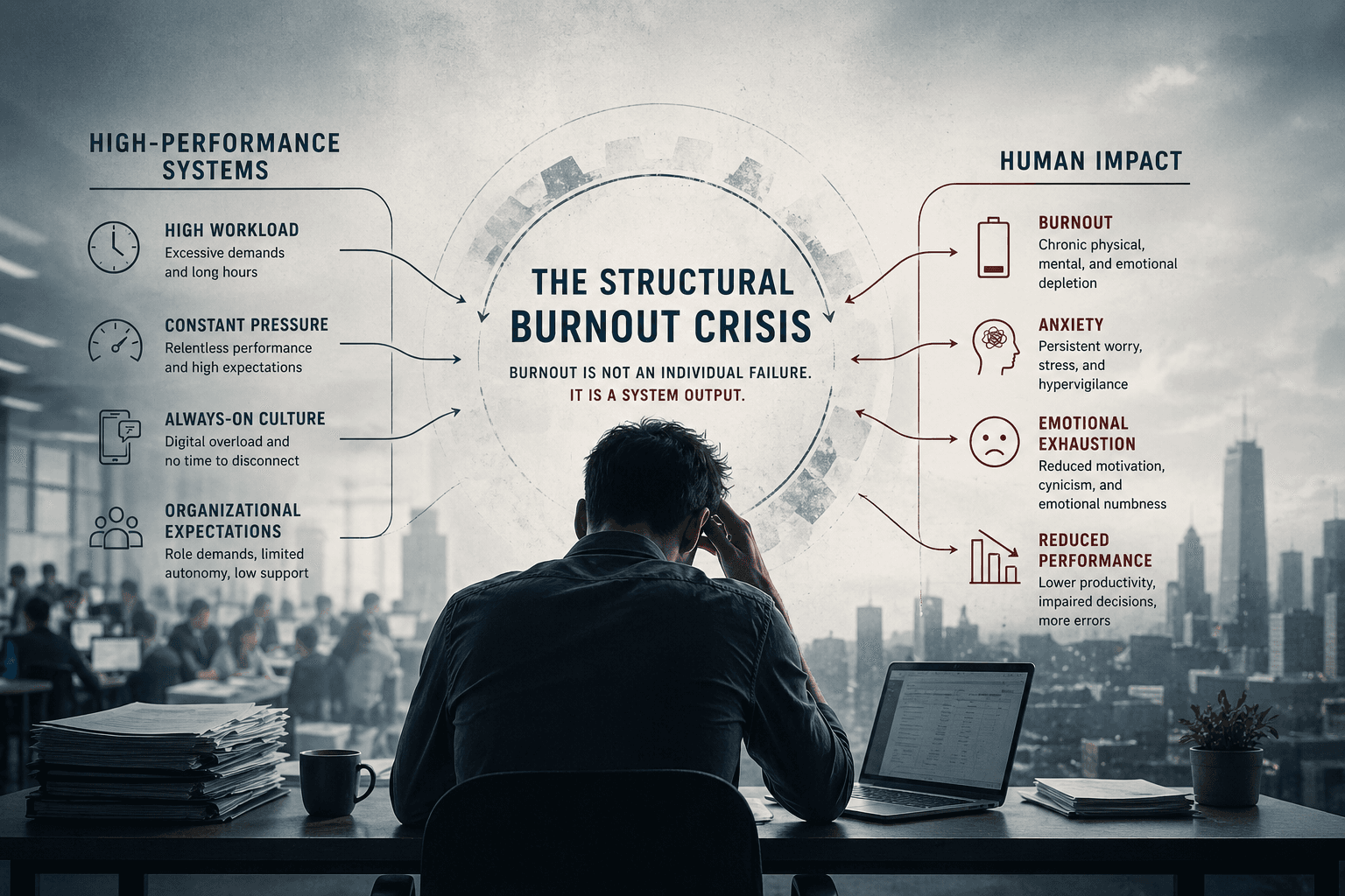 A stressed professional at a desk surrounded by digital systems, illustrating how high-performance work environments contribute to burnout and mental health decline.