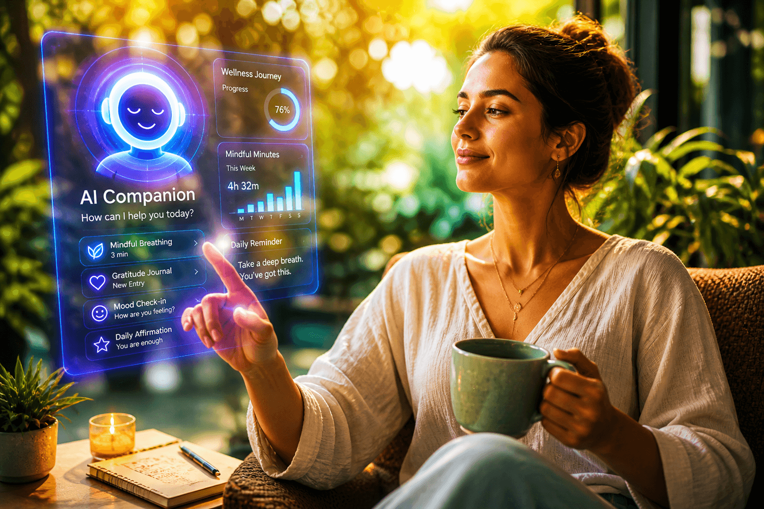 A confident, relaxed woman interacting with a glowing AI assistant interface, surrounded by soft light, nature elements, and calming digital visuals representing emotional balance and well-being.